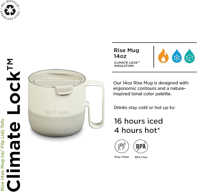 Klean Kanteen Rise Mug - Insulated Stainless Steel Coffee & Tea Mug, Splash-Proof Lid, 14 oz, Tofu