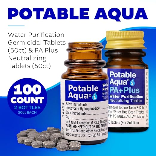 Potable Aqua Water Purification Tablets With PA Plus - Two 50 count Bottles