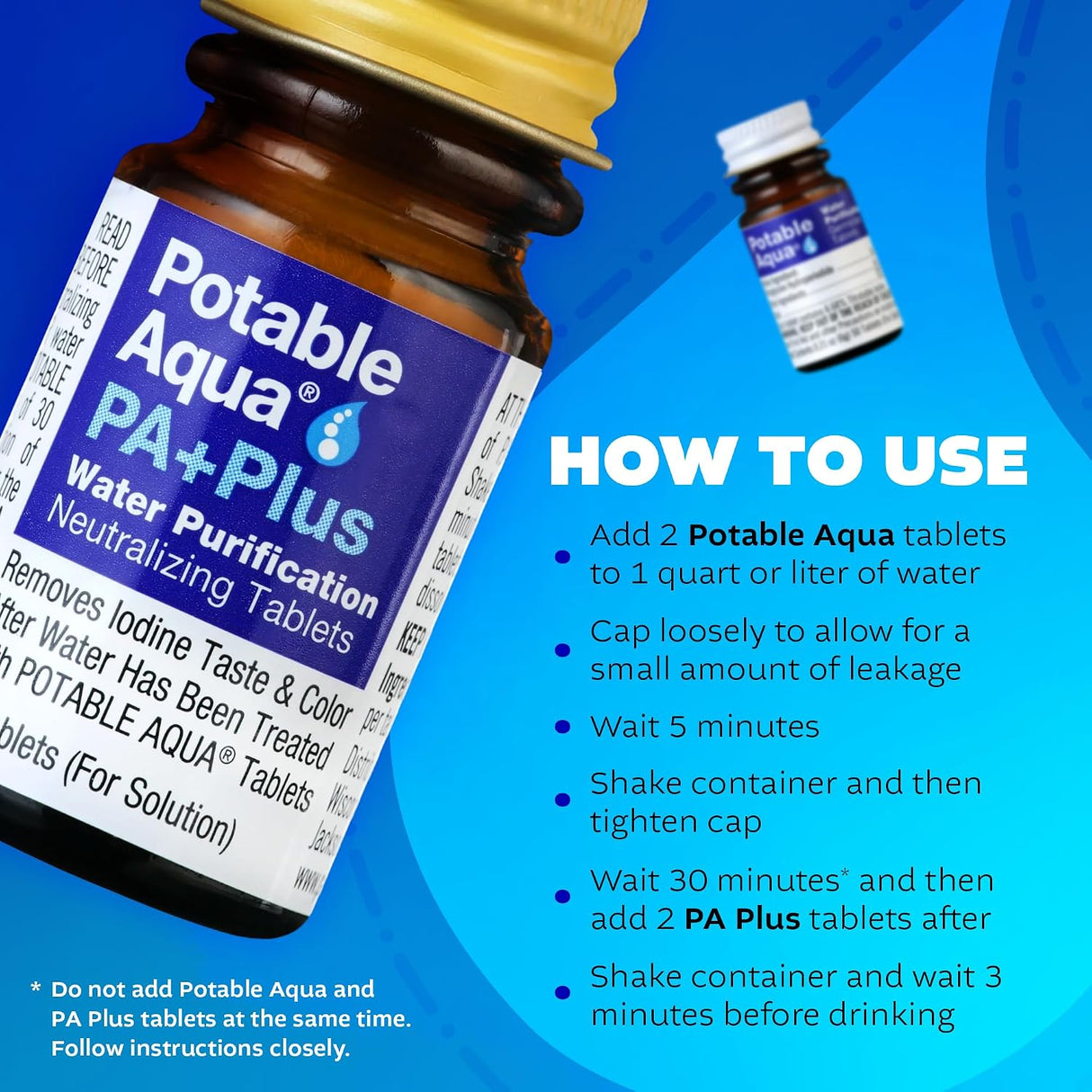 Potable Aqua Water Purification Tablets With PA Plus - Two 50 count Bottles