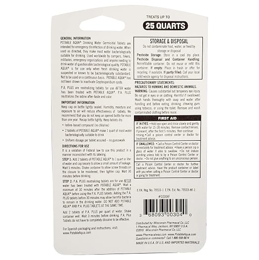 Potable Aqua Water Purification Tablets With PA Plus - Two 50 count Bottles